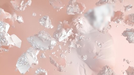 Soft pastel abstract compositions with clusters of shimmering silver and pink fragments, blending organic textures and a digital aesthetic, evoking elegance and modernity. Background