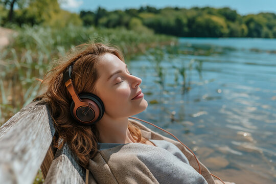 A woman is relaxing by a lake with her headphones on