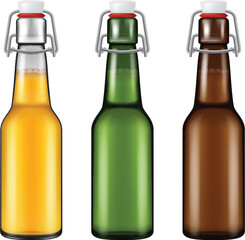 Set of three realistic looking beer bottles with swing stopper isolated on white background. Photo- realistic vector illustration.
