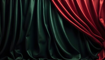 A dramatic and alluring image featuring a trio of luxurious fabrics in deep, rich hues of black, forest green, and burgundy. Silk satin fabric. Silky shine glitter. Soft folds draped wave wavy line