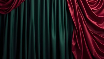 A dramatic and alluring image featuring a trio of luxurious fabrics in deep, rich hues of black, forest green, and burgundy. Silk satin fabric. Silky shine glitter. Soft folds draped wave wavy line