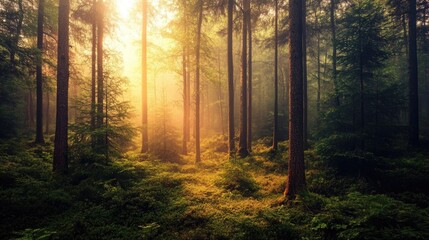 Obraz premium beautiful forest with sunlight shining through tall trees peaceful nature scenery in the morning 