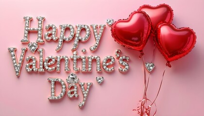 Valentine's Day. The phrase "Happy Valentine's Day" is rendered in elegant, 3D lettering adorned with sparkling diamonds, creating a luxurious and romantic atmosphere
