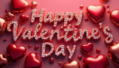 Valentine's Day. The phrase "Happy Valentine's Day" is rendered in elegant, 3D lettering adorned with sparkling diamonds, creating a luxurious and romantic atmosphere
