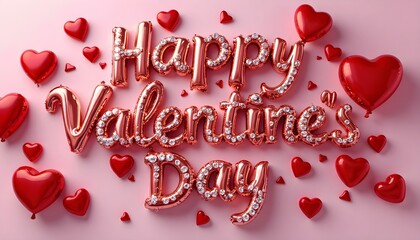 Valentine's Day. The phrase "Happy Valentine's Day" is rendered in elegant, 3D lettering adorned with sparkling diamonds, creating a luxurious and romantic atmosphere
