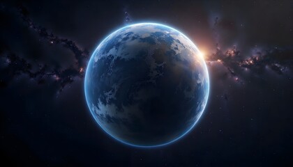 A breathtaking image of planet Earth, bathed in the warm glow of a distant star, set against a backdrop of a vast, starry cosmos