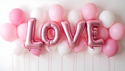 A romantic and festive image featuring the word "LOVE" spelled out in large, metallic pink foil balloons, surrounded by a cluster of pink and white balloons