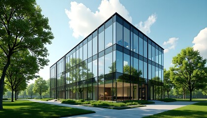 A modern, eco-friendly building covered in lush greenery. The exterior is adorned with climbing plants, creating a vibrant and sustainable aesthetic
