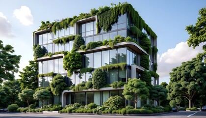 A modern, eco-friendly building covered in lush greenery. The exterior is adorned with climbing plants, creating a vibrant and sustainable aesthetic