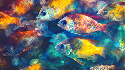 Fototapeta premium A school of tropical fish, their scales a mosaic of spring sorbet colors. Thalassic. Illustration