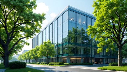 A modern, eco-friendly building covered in lush greenery. The exterior is adorned with climbing plants, creating a vibrant and sustainable aesthetic
