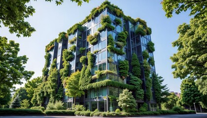 A modern, eco-friendly building covered in lush greenery. The exterior is adorned with climbing plants, creating a vibrant and sustainable aesthetic
