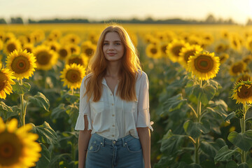 A woman stands in a field of yellow sunflowers