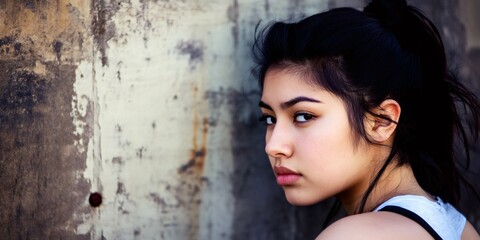 Fototapeta premium Portrait of a beautiful young latin woman with ponytail looking over her shoulder near a grunge wall