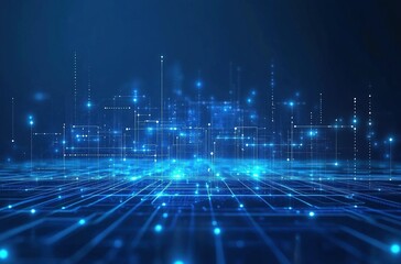 Blue technological background with geometric shapes and glowing lines dark blue gradient background