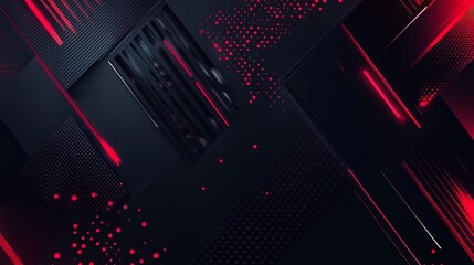 Abstract dark background with red glowing lines and particles.