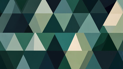 A modern flat illustration featuring a geometric background with overlapping triangles in shades of blue, green, and white, forming a symmetrical pattern with subtle gradients