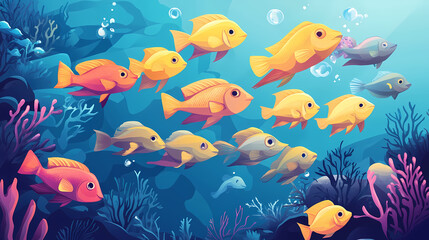 Naklejka premium Dynamic colorful school of tropical fish swimming gracefully through a lush underwater coral reef captured with crisp. Thalassic. Illustration