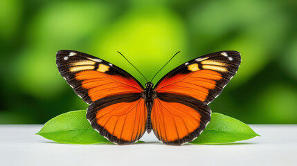 Naklejka premium vibrant butterfly with orange and black wings resting on green leaves, showcasing nature beauty and intricate details