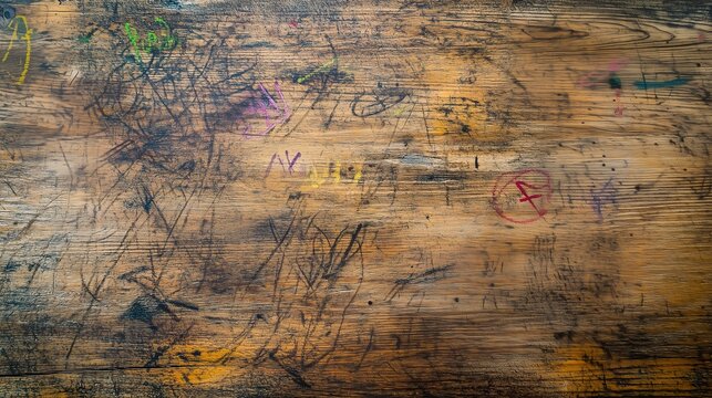 top view on old grunge vintage wooden school desk with scratches surface texture background