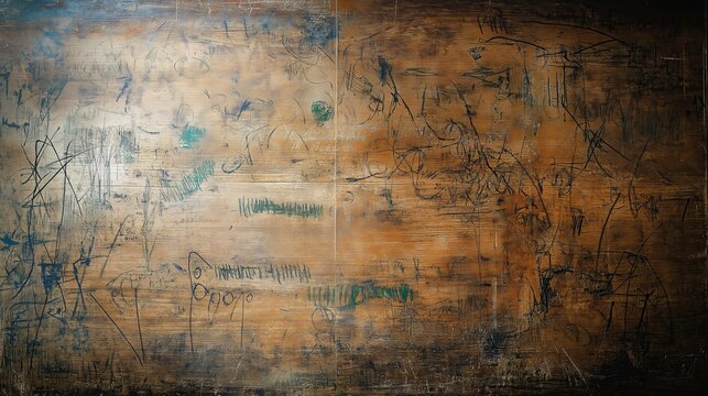 top view on old grunge vintage wooden school desk with scratches surface texture background