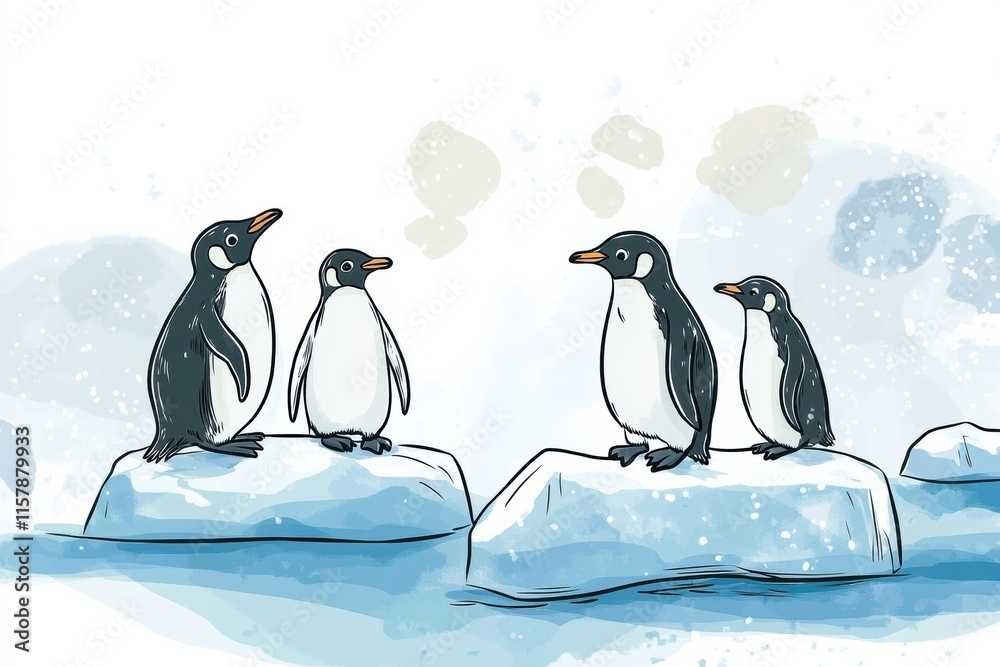 Leinwandbilder playful penguins gather on floating icebergs in a whimsical winter landscape with plenty of space fo