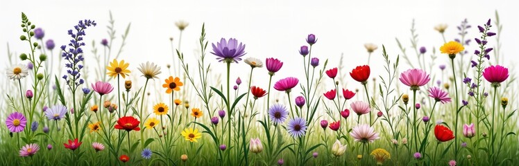 Colorful meadow bursting with diverse wildflowers. Many native species from different regions. Evergreen foliage, vibrant blooms create rich, natural scene. Perfect for spring summer. Beautiful