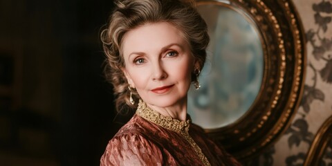 Sophisticated elderly lady wearing vintage attire, posing elegantly near ornate mirror in luxurious interior setting © NikPixel