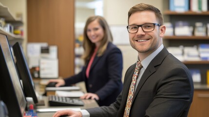 Smiling warmly, a helpful bank representative assists a customer at a modern banking counter, amidst the hustle and bustle of a financial institution filled with computer screens and financial