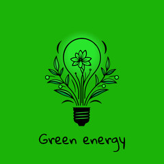 Green eco energy concept design. Flower inside a glowing light bulb. Vector illustration