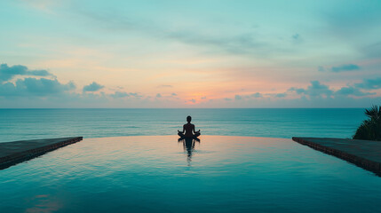 Fototapeta premium Meditating peacefully by the calm ocean at sunrise on a tranquil beach retreat