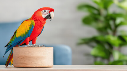 vibrant parrot with red, blue, and yellow feathers perched on wooden stand, surrounded by greenery, exuding lively atmosphere