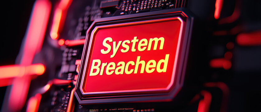 System breached alert on computer circuit board, highlighting cybersecurity threats and vulnerabilities