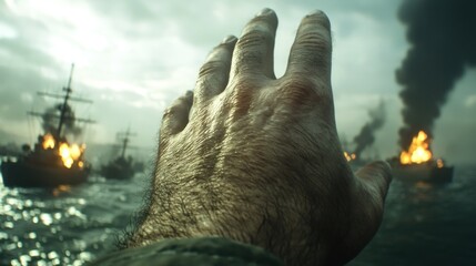 Desperate hand reaches out amidst burning ships stormy sea dramatic scene conflict close-up survival