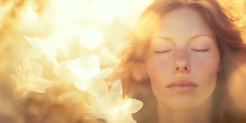 Fototapeta premium Serene woman with closed eyes, surrounded by delicate flowers, basking in the warm glow of golden sunlight