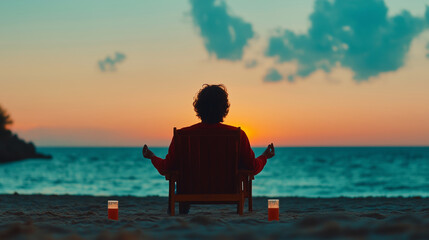 Fototapeta premium Meditating on a serene beach at sunrise while enjoying the tranquility of nature