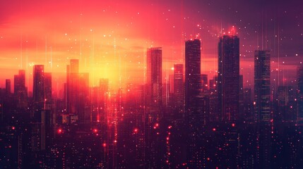Fototapeta premium A vibrant sunset over a city skyline, enhanced with digital effects and glowing particles.