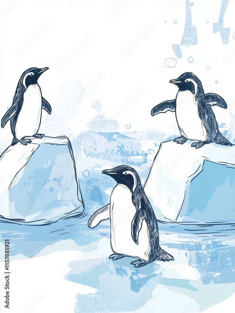 Fototapete playful penguins enjoying their time on floating icebergs with plenty of space for creative text. ge