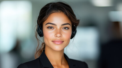 Friendly woman with headset smiling in professional environment, ready to assist customers