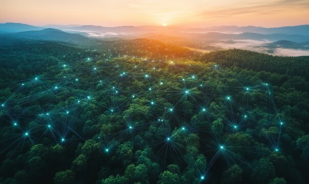 An aerial view of a green forest at dawn with glowing technological communication lines