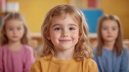 Obraz premium cheerful girl with curly hair smiles in classroom, surrounded by friends