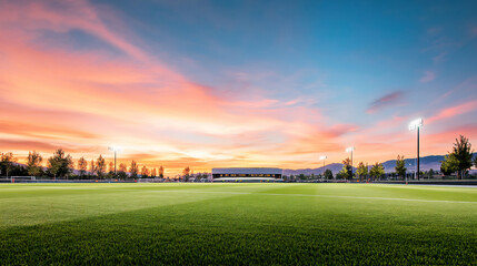Serene Sunset Wide Shot Photo: Lush Green Soccer Field at Dusk. AI Generated