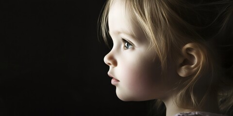 Blond haired girl looking pensively aside, soft profile framed by deep black backdrop highlighting youthful introspection and wonder