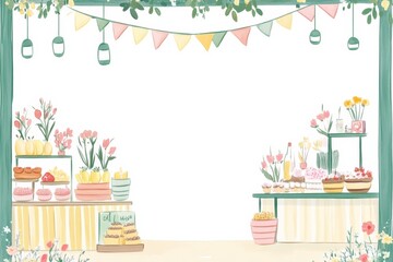 Spring market stalls offering fresh flowers and produce with empty space for custom text or messages. Generative AI