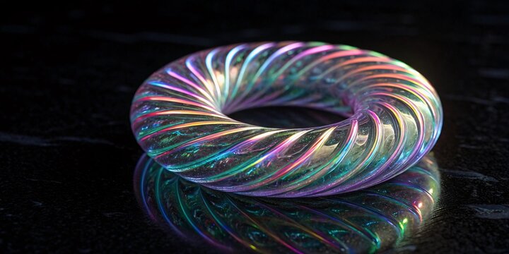 Iridescent glass twisted torus reflecting neon light, black background