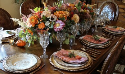 Elegant autumn table setting with rustic elements and flowers