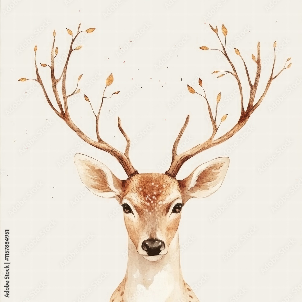 Poster elegant illustrated deer with intricate branching antlers featuring ample copy space for creative us