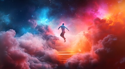Dynamic Digital Painting: Man Leaps Joyfully Through Vivid Cosmic Cloudscape. AI Generated