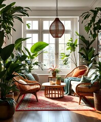 Boho Luxe Living Room with Lush Plants & Rattan Furniture
