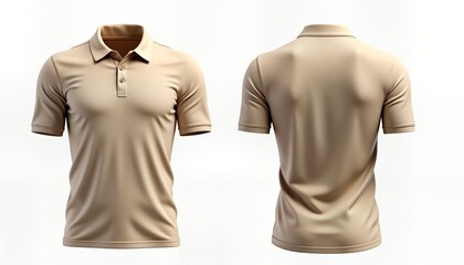 Beige polo shirt mockup front, back view. Blank polo shirt. Casual attire. Unisex style. Isolated on white background. Product template for design, branding. Suitable for apparel, fashion